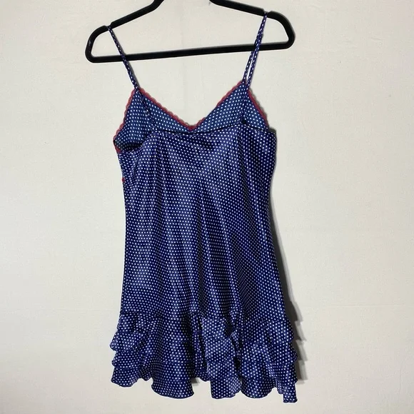 La Vie En Rose Blue Polka Dot Nightgown Sleep Dress Slip Dress W Ruffle Hem L - Picture 2 of 13